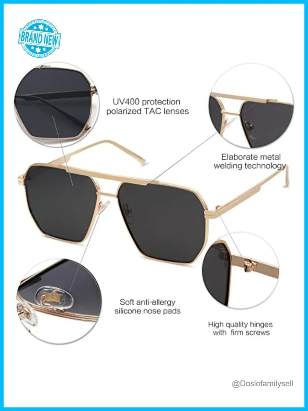 Oversized Square Polarized Sunglasses with Metal Frame UV400